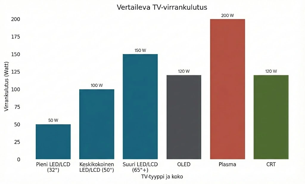 Keskimääräinen virrankulutus television tyypin ja koon mukaan