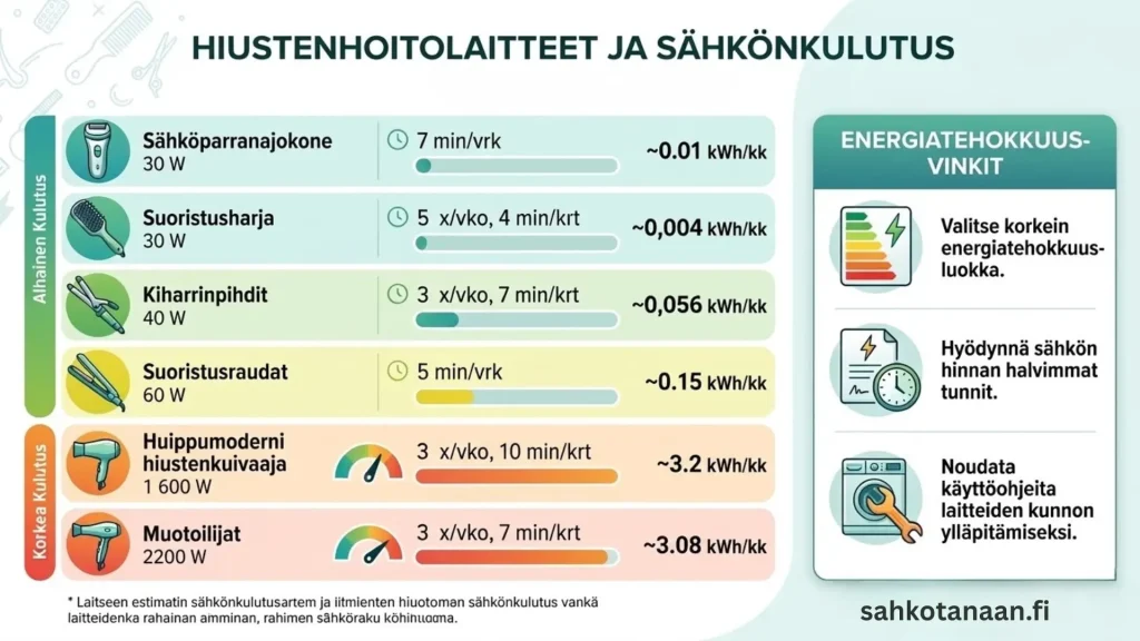 hiustenhoitolaitteiden sahkonkulutus vertailu